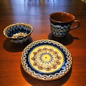 BULGARIAN Glazed Clay Pottery 3 Piece Serving for One - 1 Cup. 1 Bowl. 1 Plate.